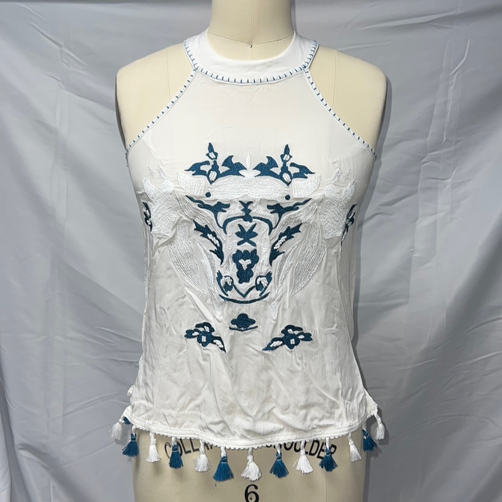 Blue Rain embroidered blouse with tassel trim
